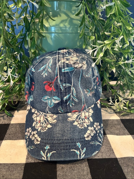 Accessories - Floral Denim Baseball Cap - Blue with Red & Cream Accents